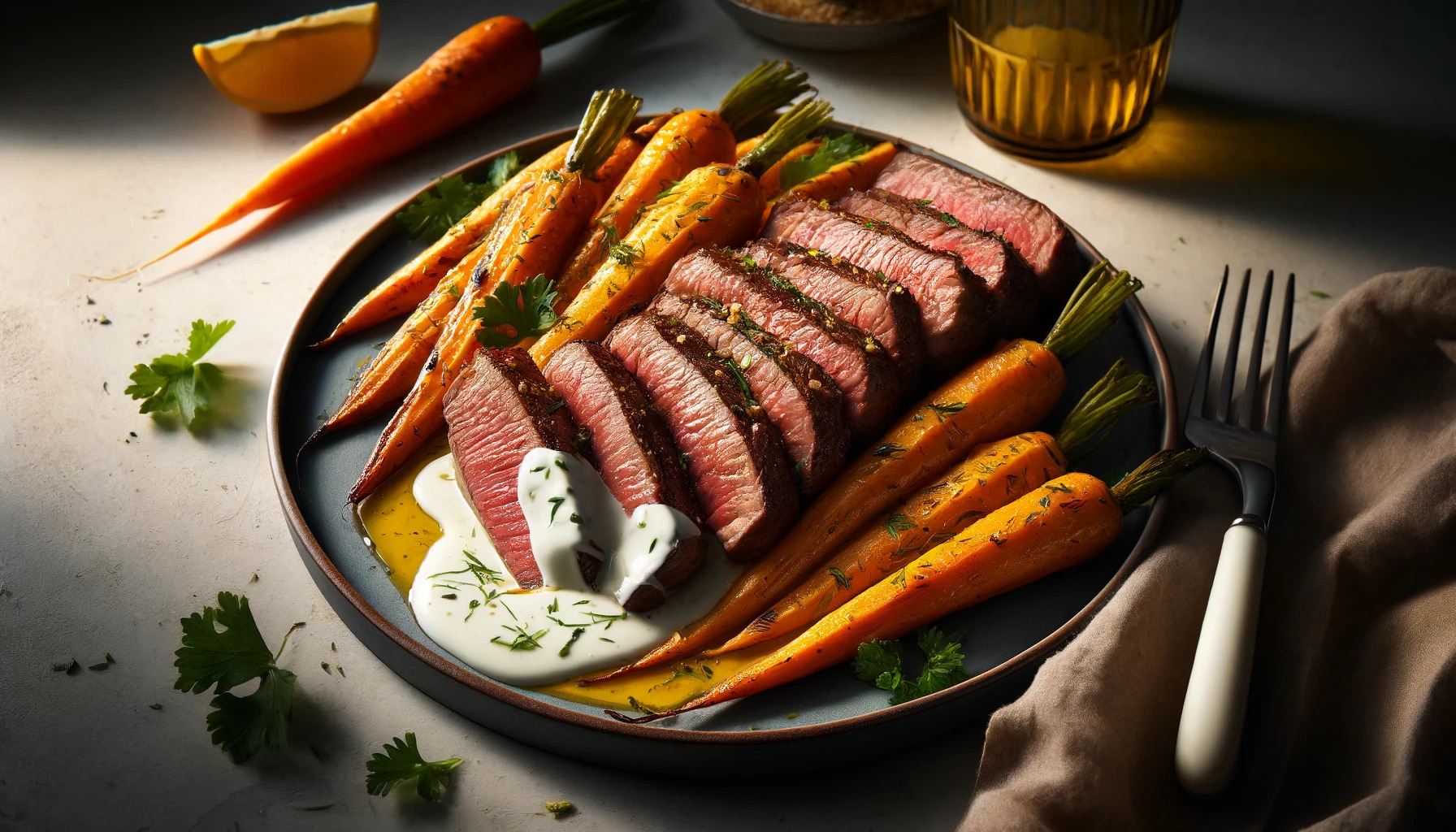 Kefir-Drizzled Strip Steak and Roasted Carrots