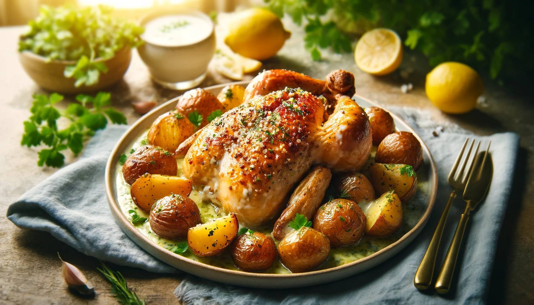 Kefir-Marinated Roast Chicken with Herb Infused Potatoes