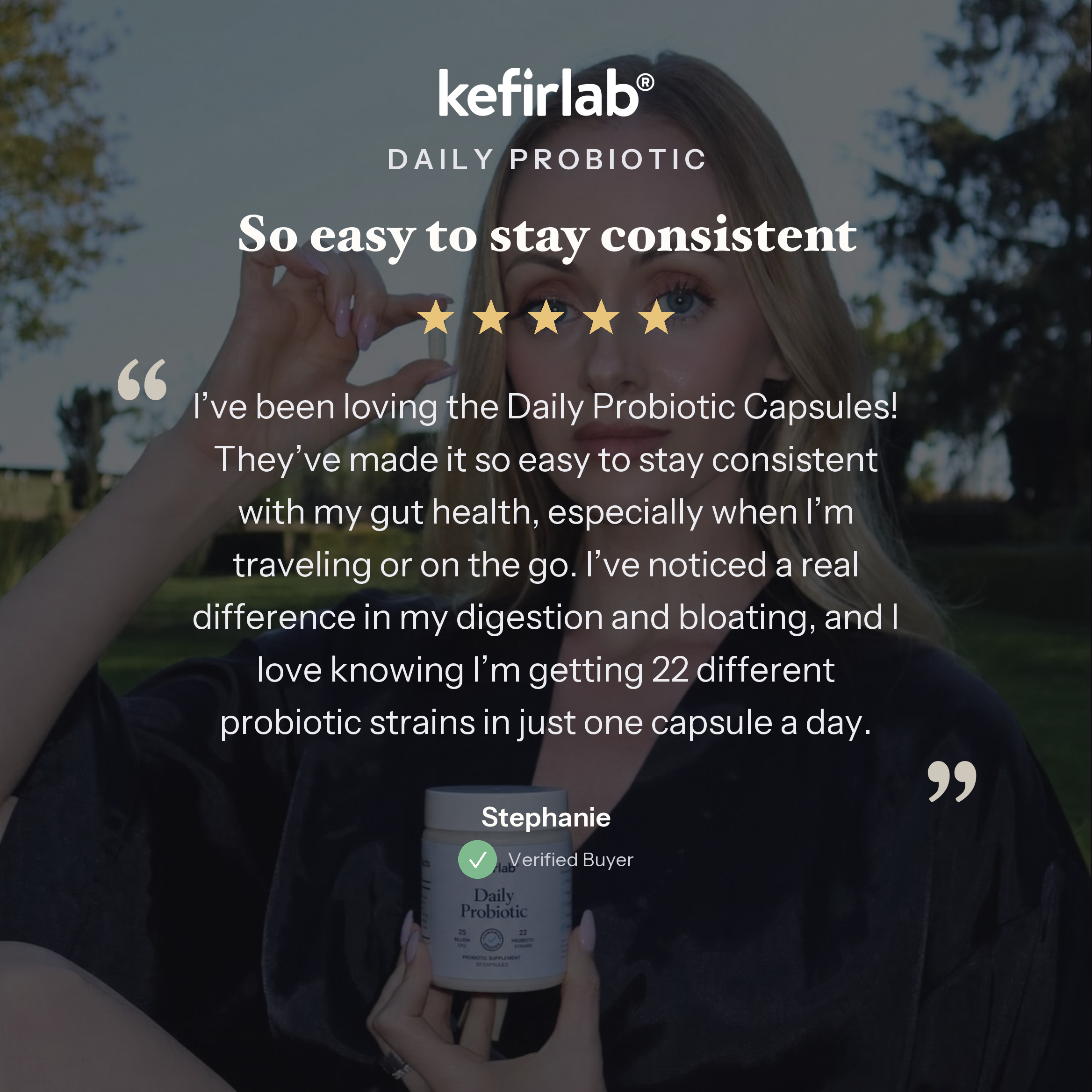 kefirlab Daily Probiotic capsule bottle held in hand