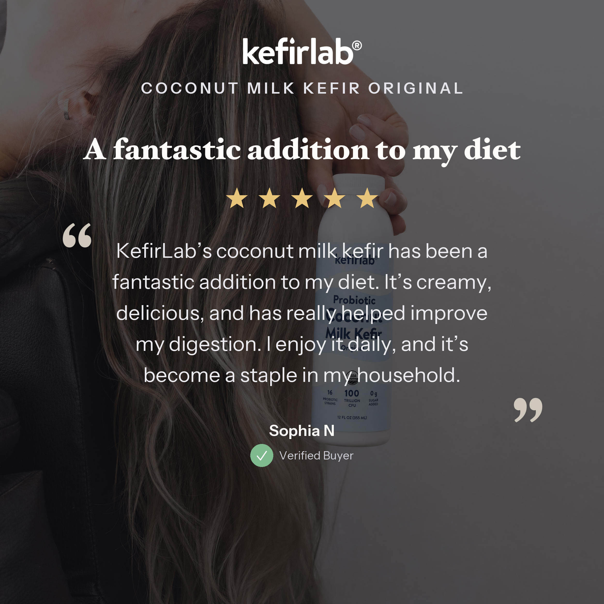 Original coconut milk kefir bottle, KefirLab branding on label