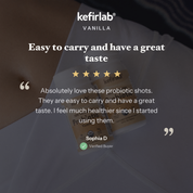 Vanilla probiotic shot bottles with white caps, kefirlab labels on fabric pouch