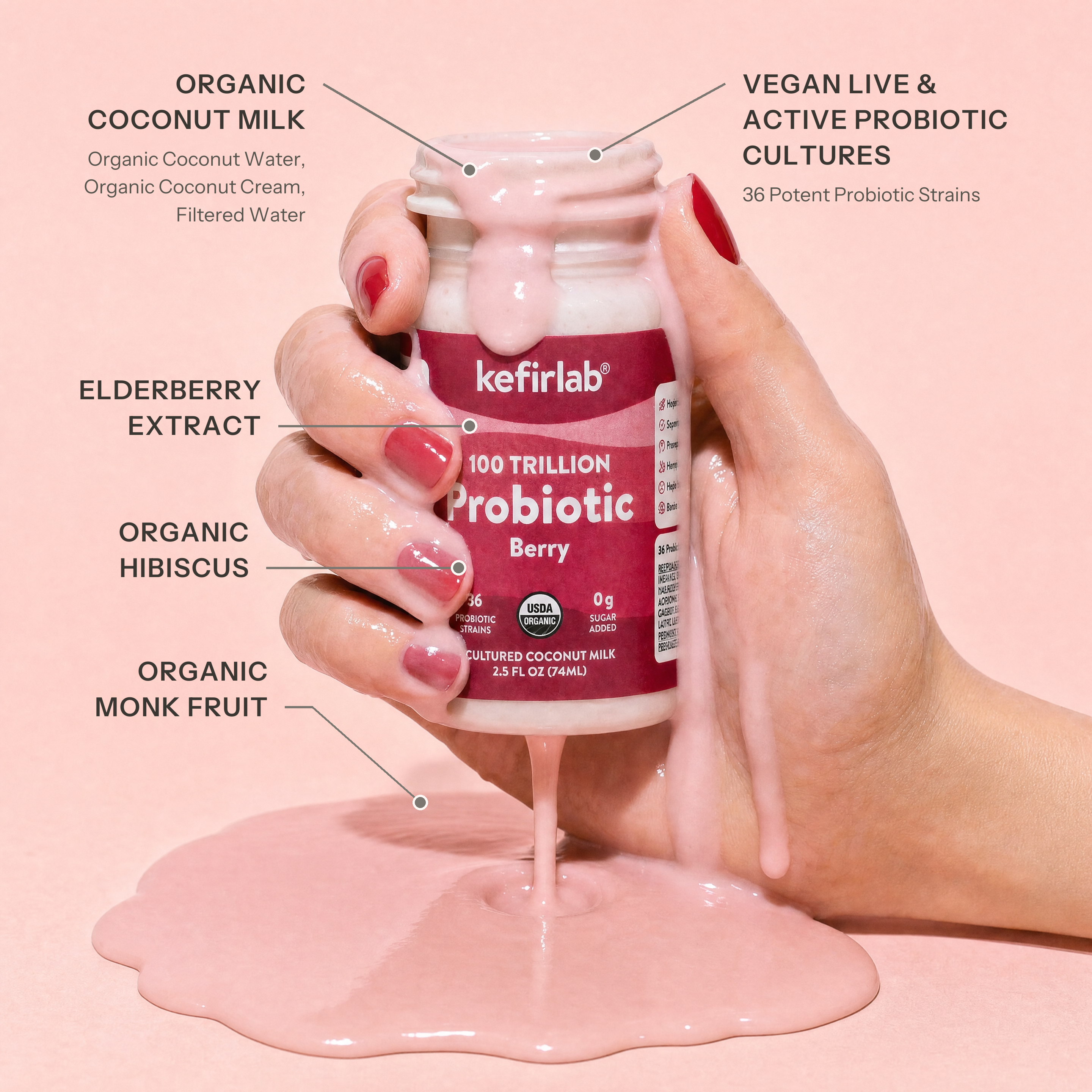 Kefirlab Berry Probiotic Shot bottle with pink liquid being poured.