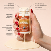 Kefirlab Probiotic Focus Dreamsicle bottle pouring pale creamy liquid from mouth.
