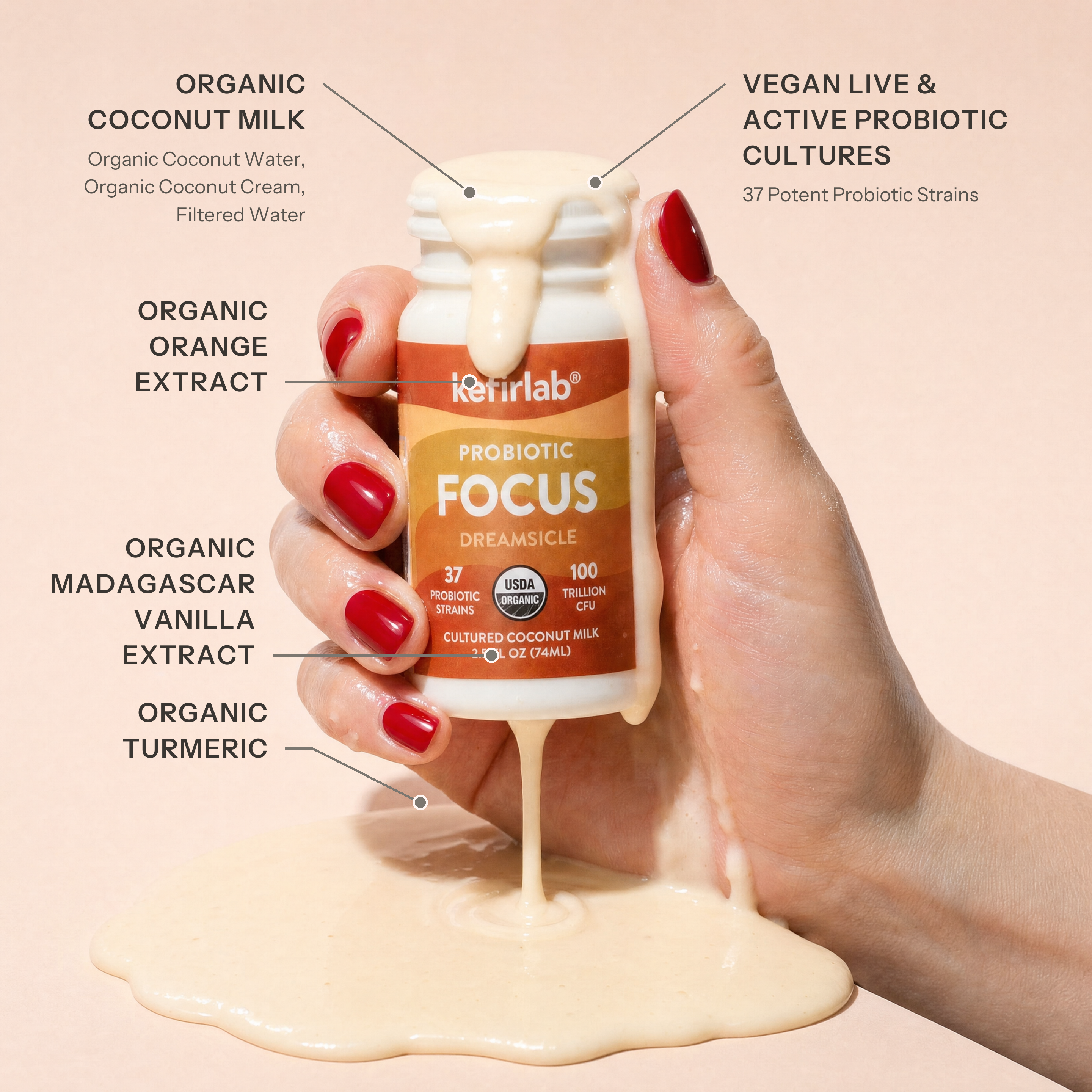 Kefirlab Probiotic Focus Dreamsicle bottle pouring pale creamy liquid from mouth.