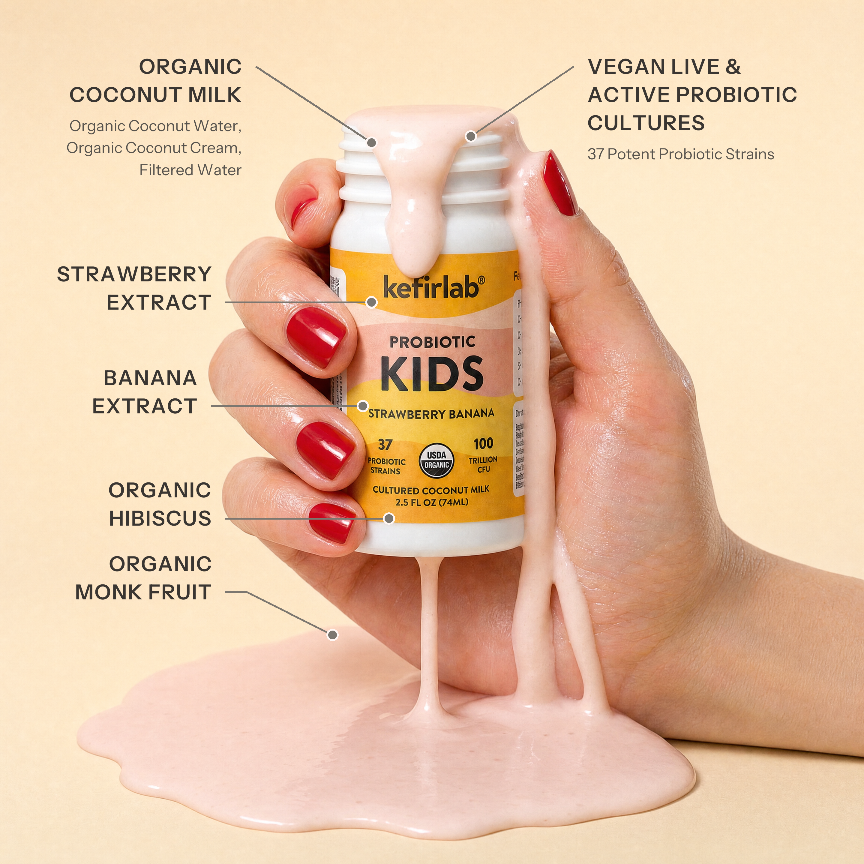 kefirlab Kids probiotic shot bottle pouring strawberry banana drink, hands