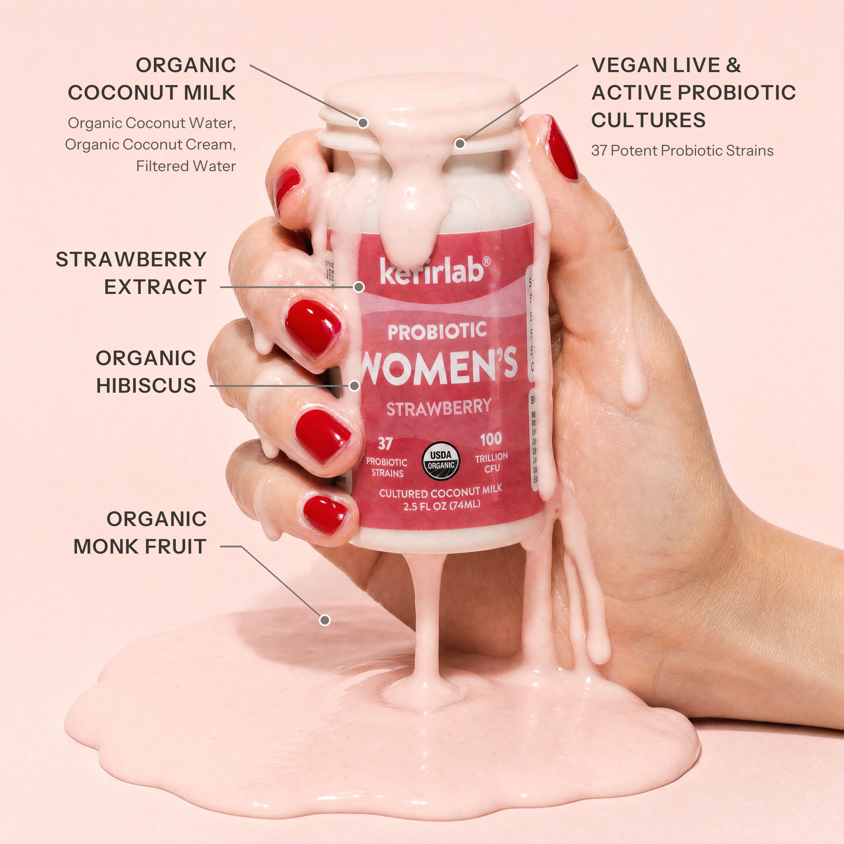 Women's probiotic shot bottle with strawberry extract flavor, pink label, 2.5 fl oz