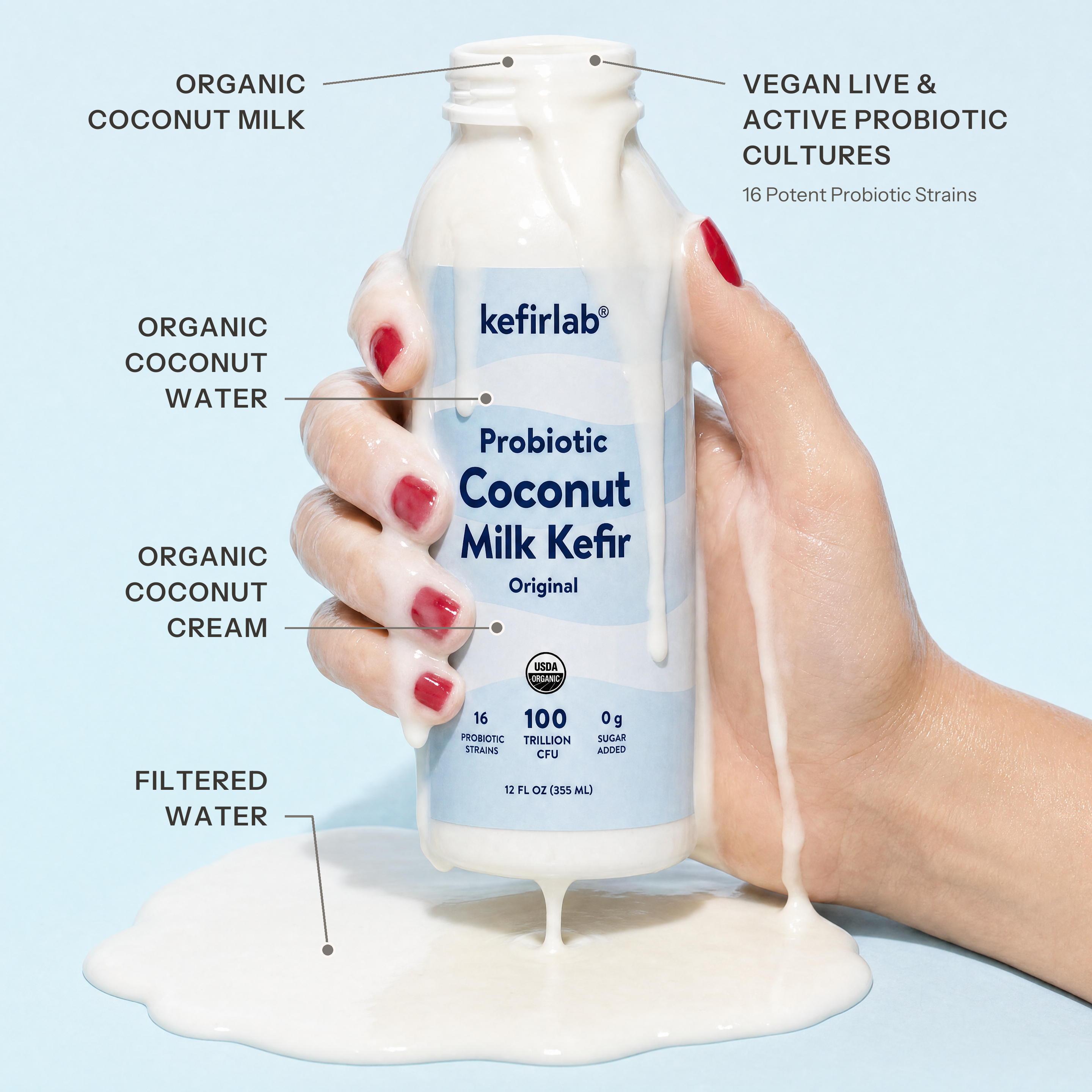Original coconut milk kefir bottle with probiotic label, coconut milk pouring