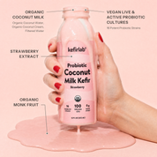 Probiotic coconut milk kefir bottle with strawberry flavor, front view