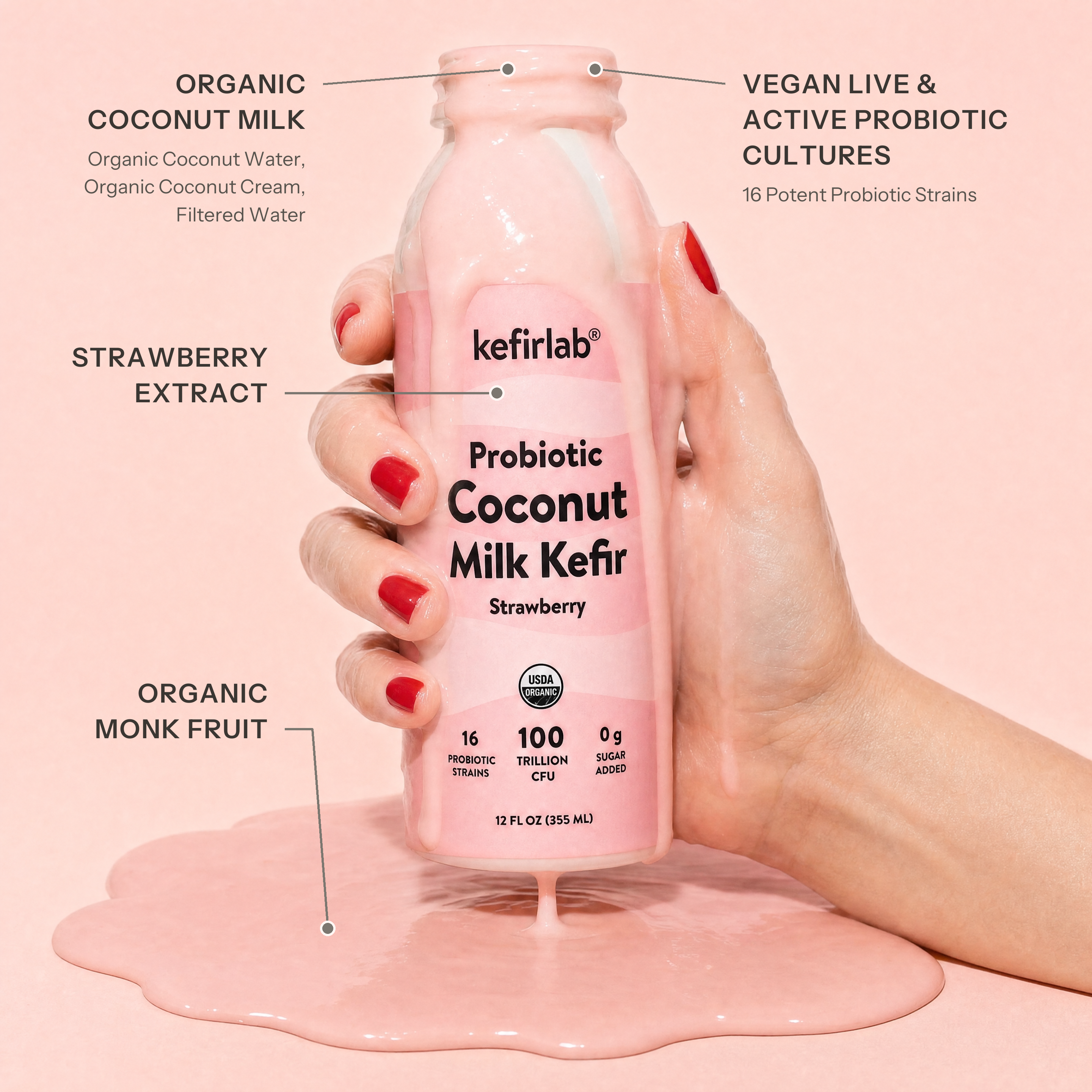 Probiotic coconut milk kefir bottle with strawberry flavor, front view