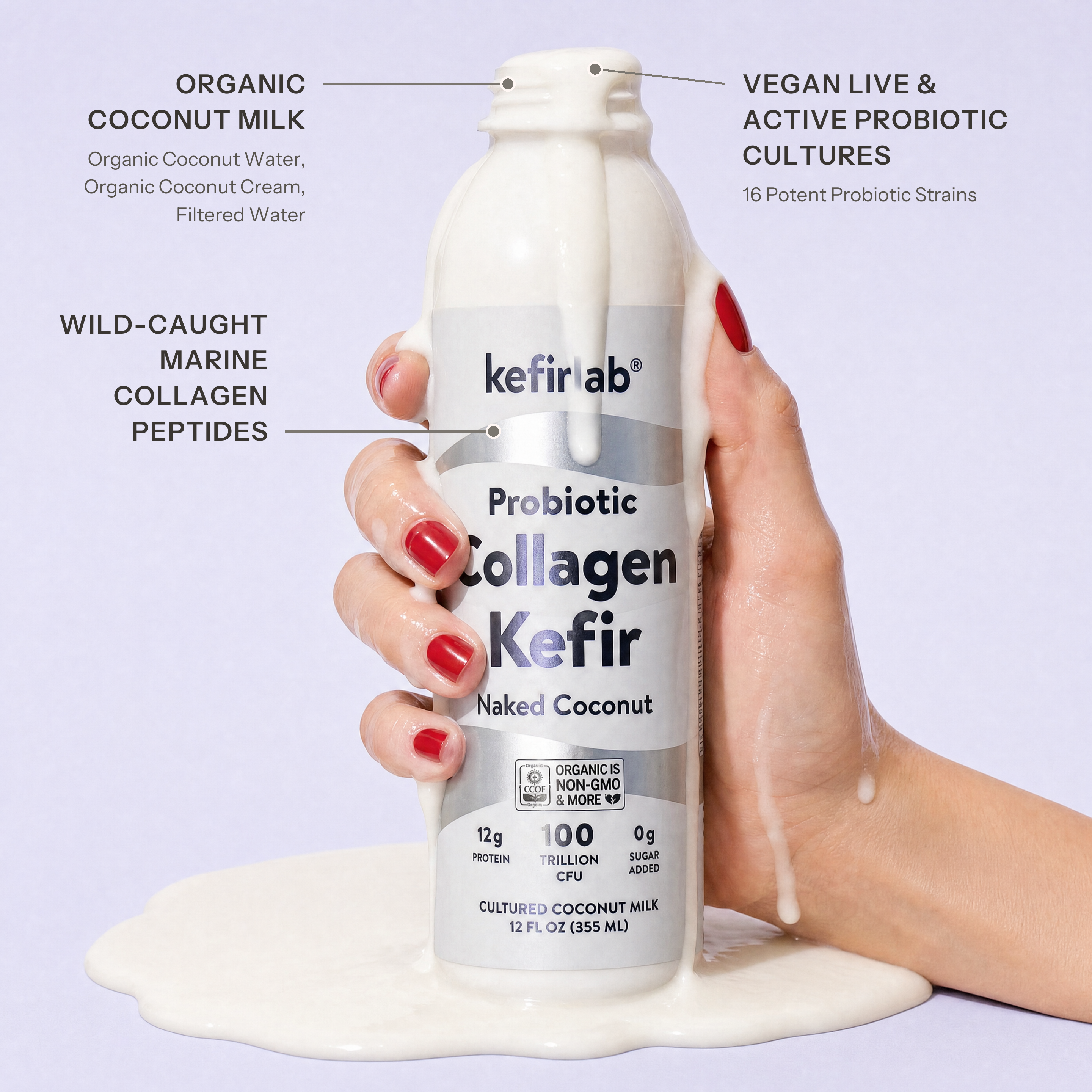 Probiotic collagen kefir bottle, Naked Coconut, 12 fl oz, vegan live cultures