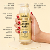 Probiotic collagen kefir bottle with pouring stream, French vanilla flavor