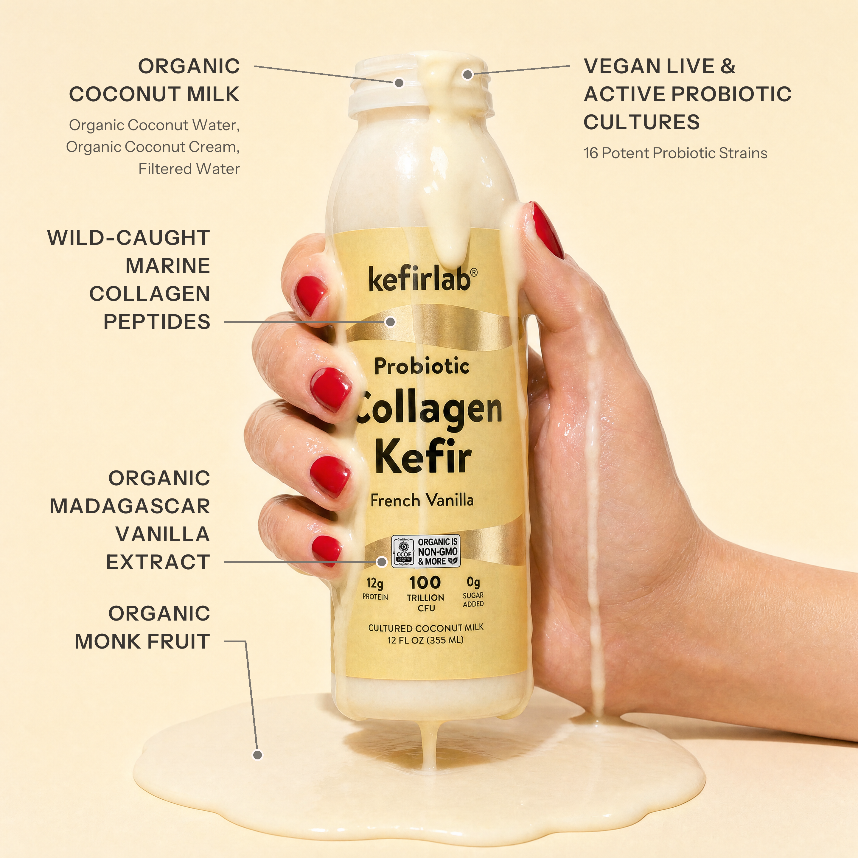 Probiotic collagen kefir bottle with pouring stream, French vanilla flavor