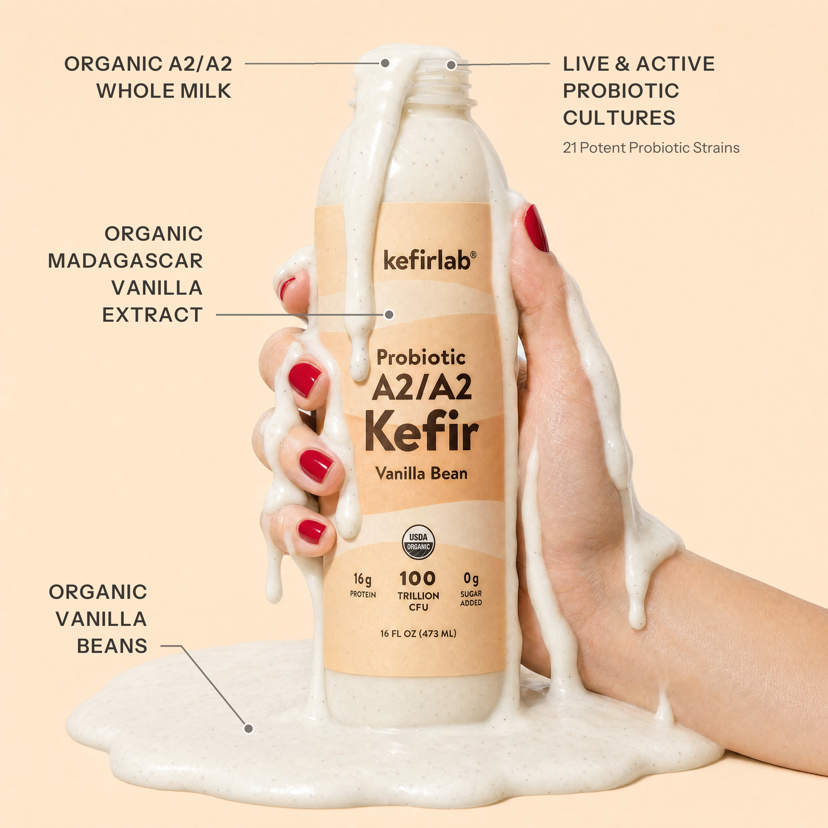 A2/A2 kefir bottle labeled Vanilla Bean with probiotic live cultures