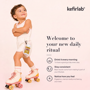 Kids probiotic shot pouch with kefirlab branding, strawberry banana flavor