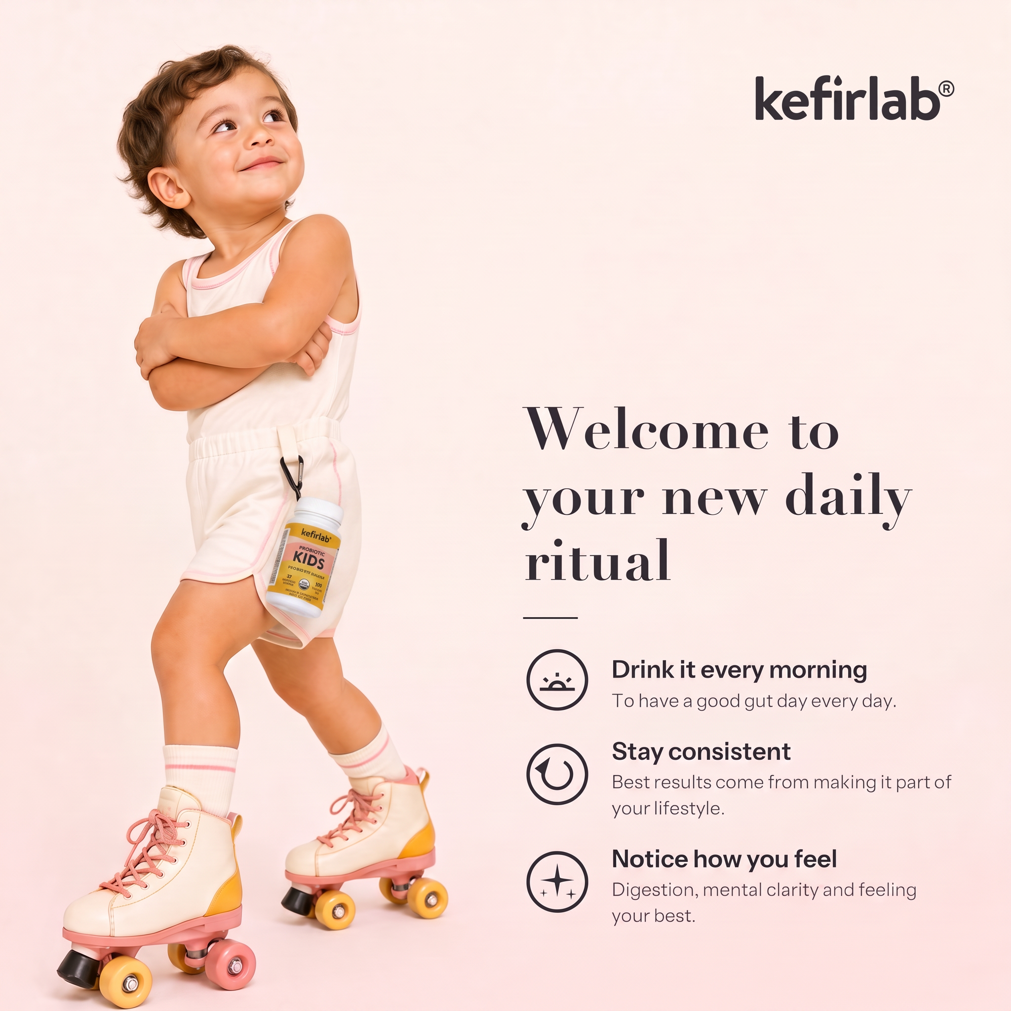 Kids probiotic shot pouch with kefirlab branding, strawberry banana flavor