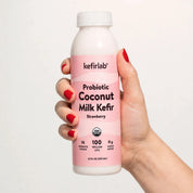 kefirlab® probiotic coconut milk kefir bottle, strawberry flavor, pink label, 12 fl oz