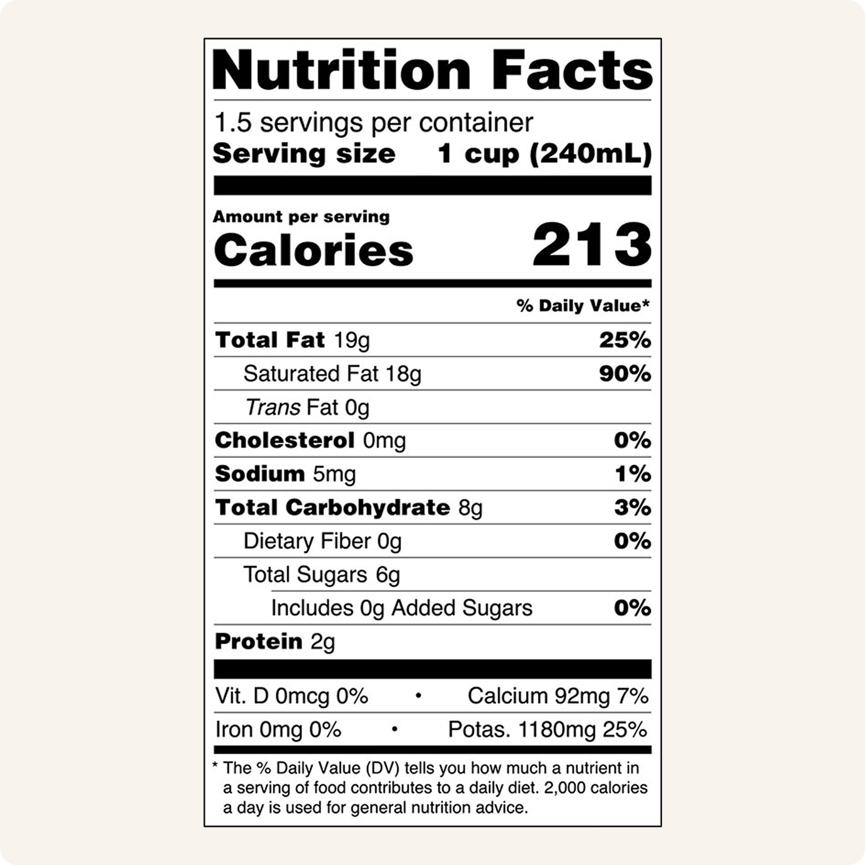 Nutrition facts panel showing 1 cup (240 mL) serving size