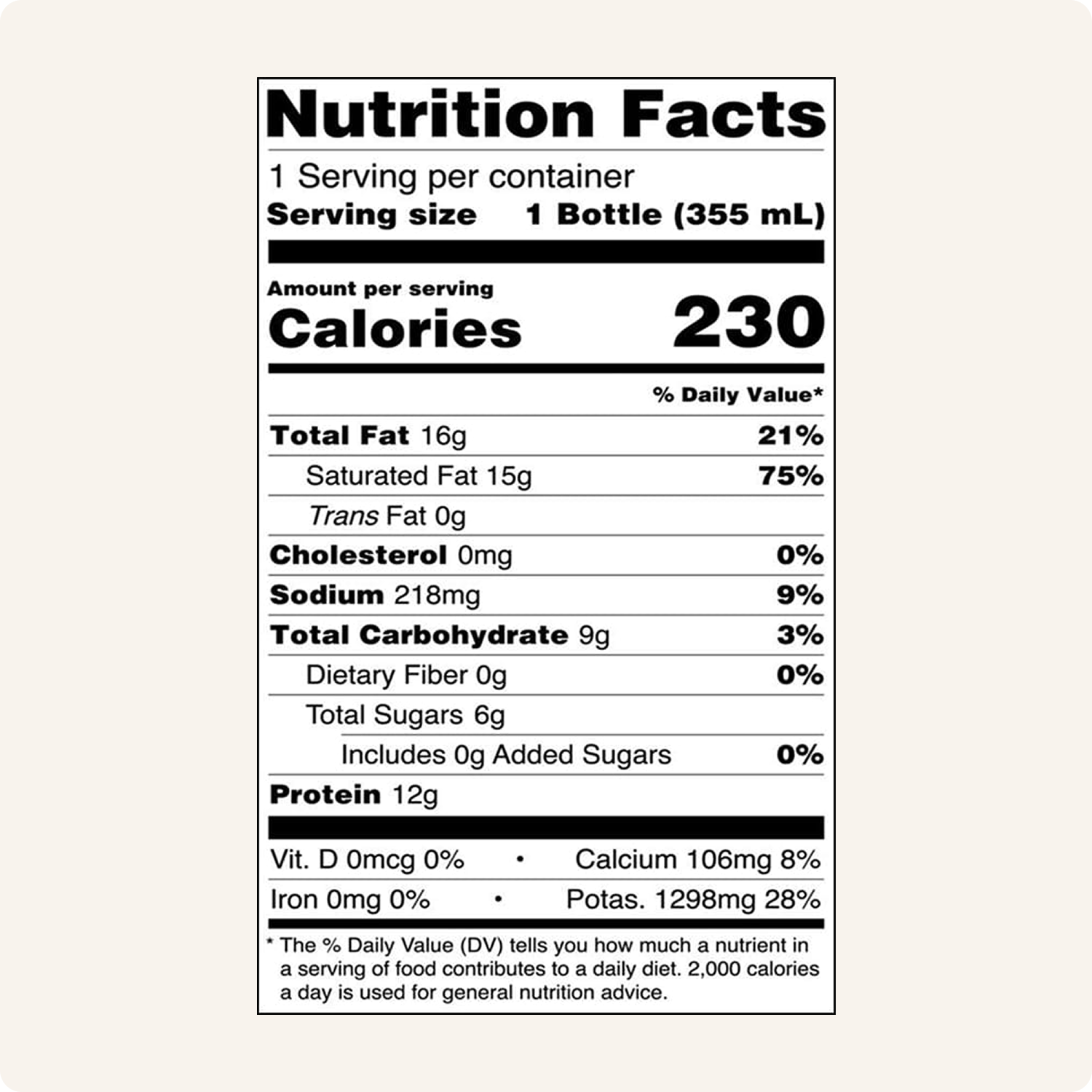Nutrition Facts label for 1 bottle (355 mL), showing calories and nutrients