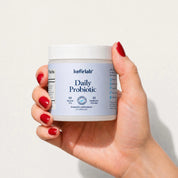 kefirlab Daily Probiotic container, white jar with blue label and 25 billion text