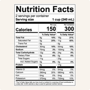 Nutrition Facts label: 150 calories per cup (240 mL), 2 servings, kefir