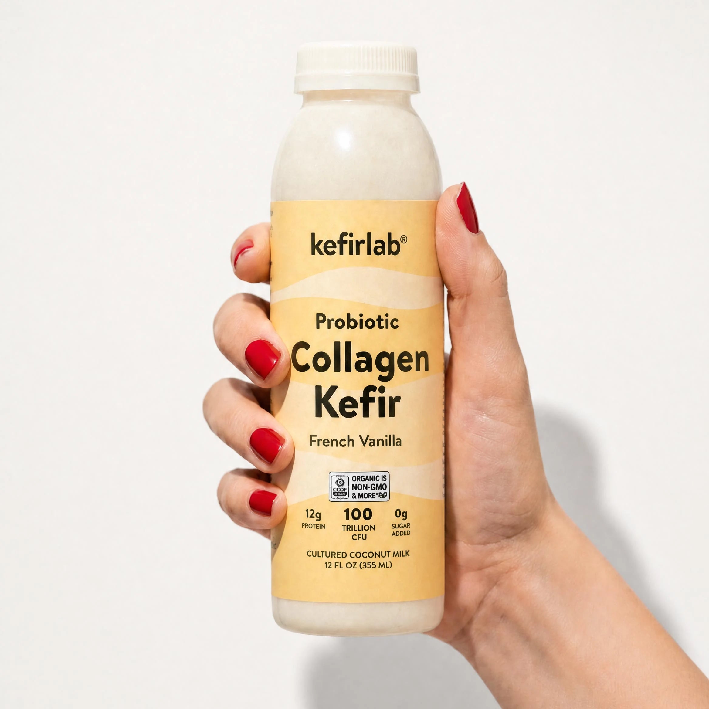 kefirlab French vanilla collagen kefir drink bottle, cream label with probiotic text