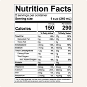 Nutrition facts panel: 1 cup (240 mL) serving, 150 calories per cup