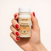 Vanilla probiotic supplement bottle with white cap, kefirlab label visible