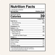 Nutrition Facts panel: 1 bottle (74 ml), calories 39, fat 3g, sodium 41mg