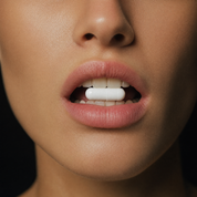Close-up of mouth holding two white probiotic capsules