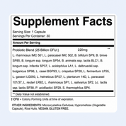 Supplement facts label: 1 capsule serving, 25B CFU probiotic blend, vegan, gluten-free.