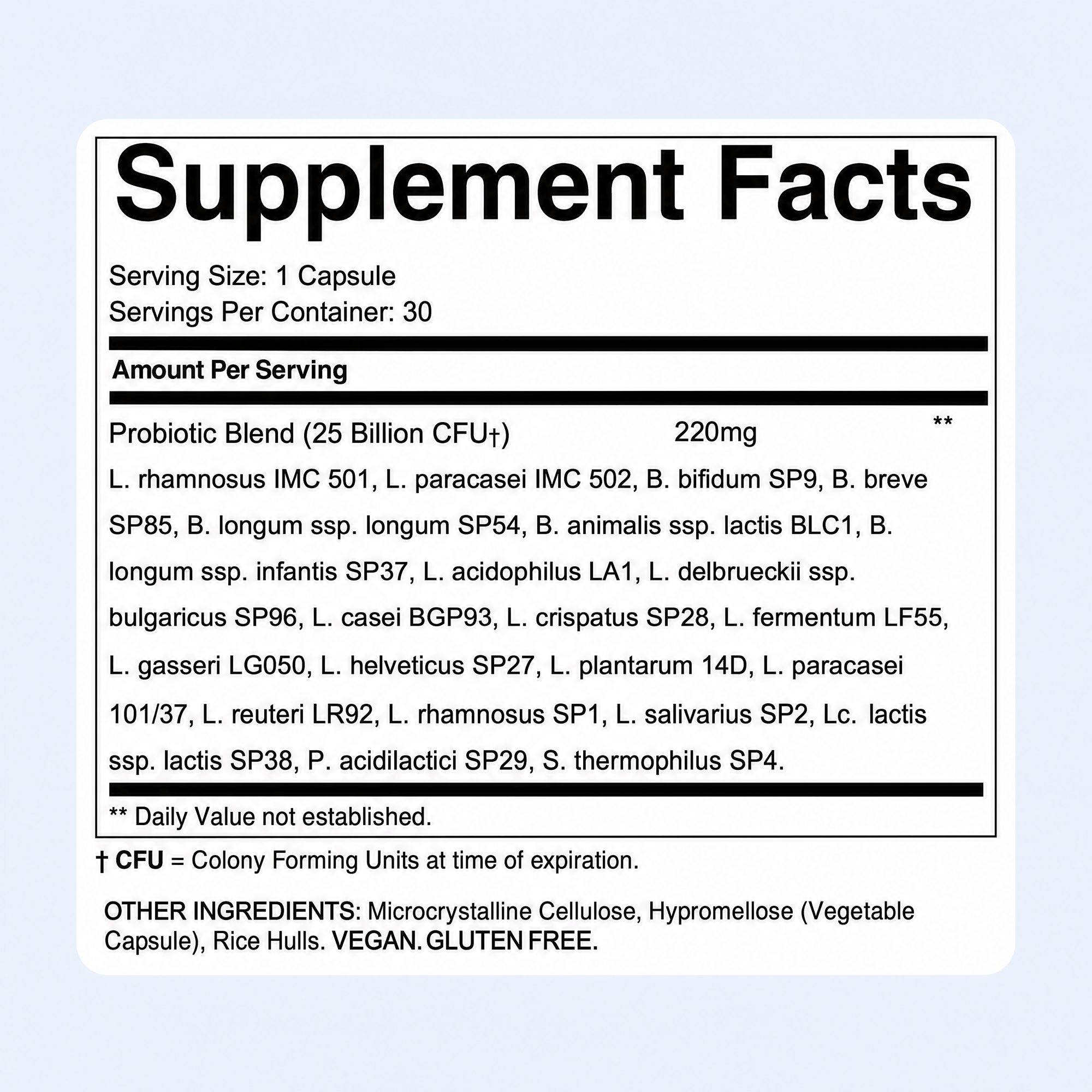 Supplement facts label: 1 capsule serving, 25B CFU probiotic blend, vegan, gluten-free.