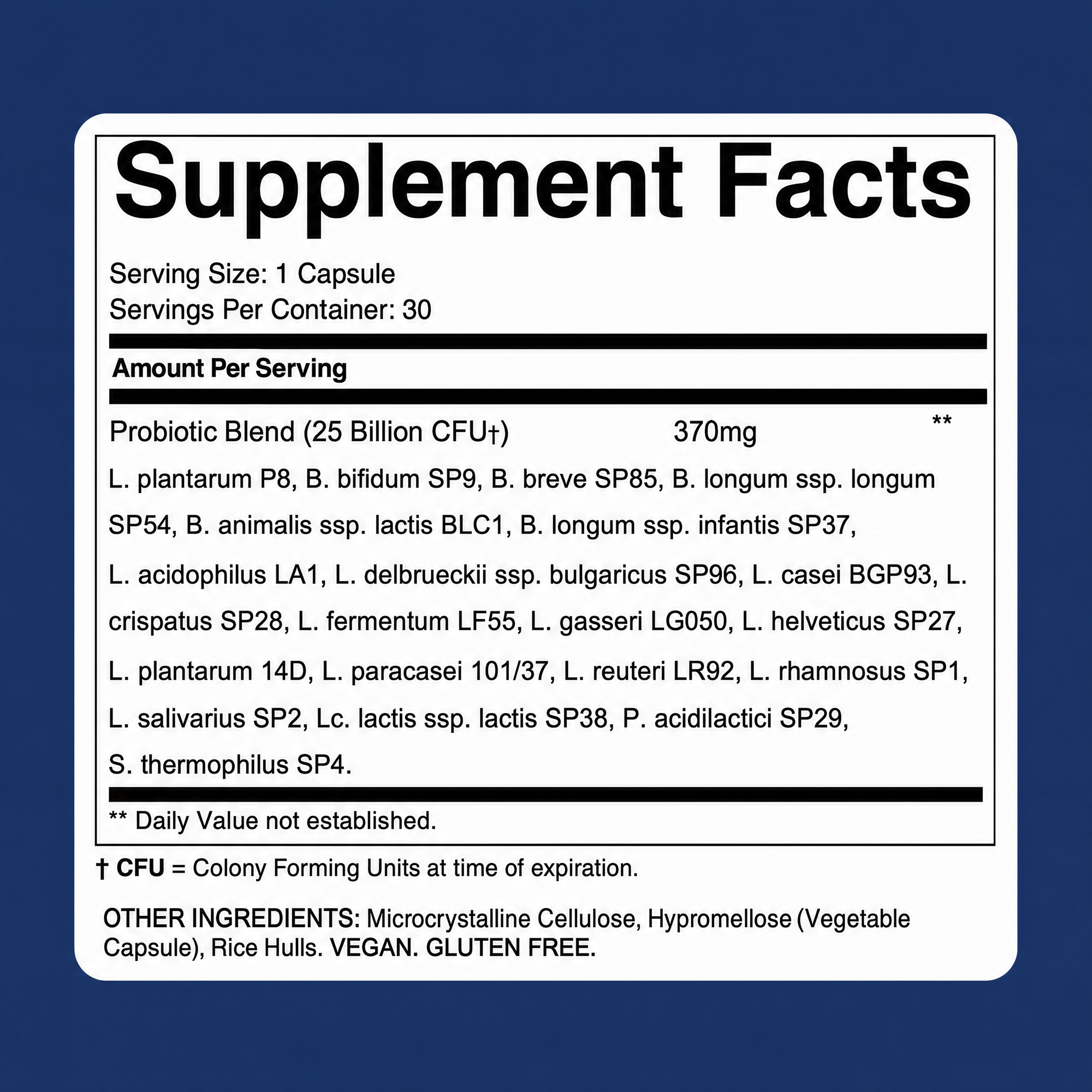 Probiotic supplement facts label, serving size 1 capsule
